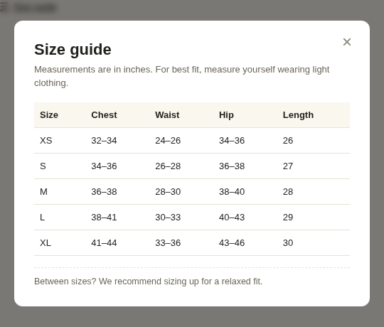 Size Guide Popup preview