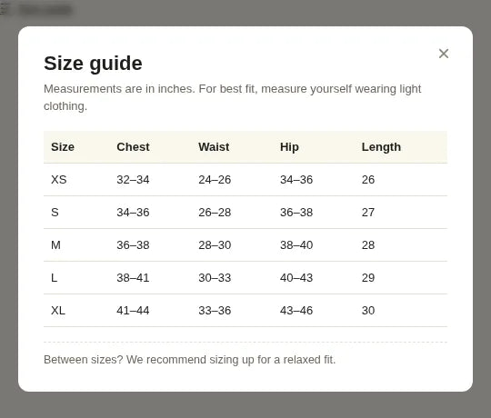 Size Guide Popup preview